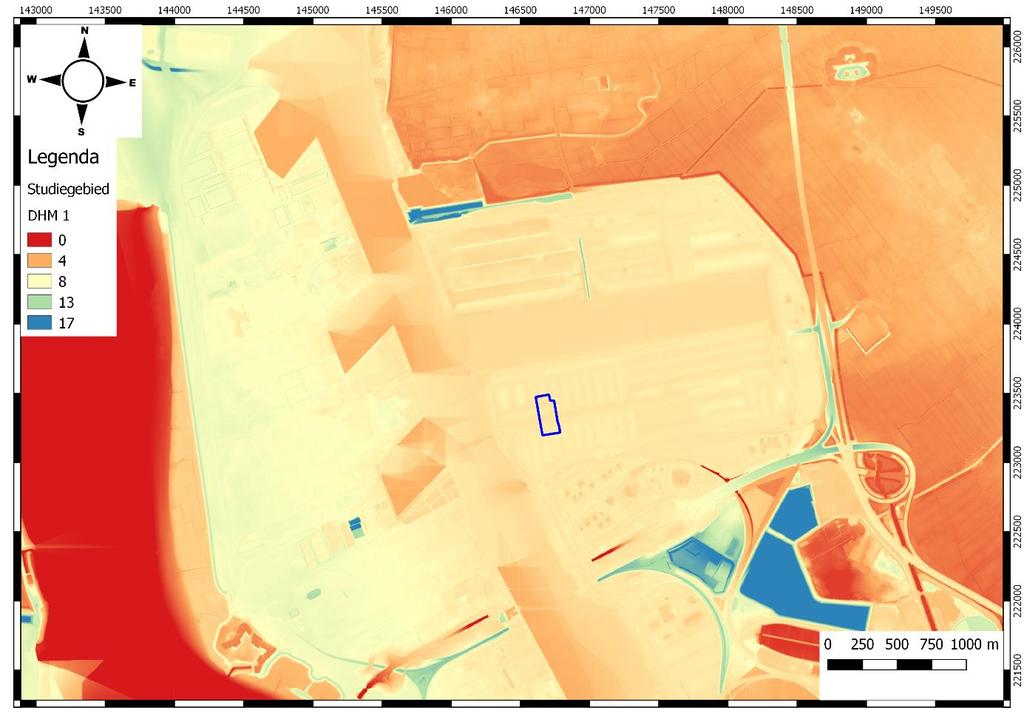 Figuur 7: Digitaal Terreinmodel (1m) met aanduiding van het studiegebied (Geopunt 2017) Het onderzoeksgebied is gelegen op een vlak terrein in de Antwerpse haven.