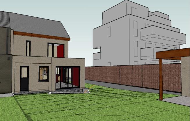 BIJ VIER WOONLAGEN HEB JE EEN TOTAAL ANDER CONCEPT NODIG: De appartementsblokken moeten uitgeven op een gemeenschappelijke tuin en de privacy moet op de individuele terrassen gerealiseerd worden.