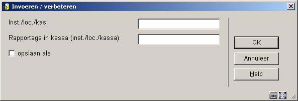 Velden op het scherm Inst/loc./kas: Voer achtereenvolgens een instellingscode, een locatiecode en een kassacode in. Scheid de codes door een / (slash). rapportage in kassa (Inst/loc.