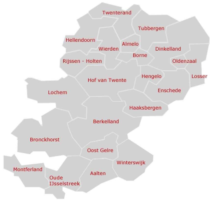 De tweeëntwintig gemeenten van de Stadsbank Oost Nederland: Werkgebied Almelo Werkgebied Enschede Werkgebied Hengelo Almelo, Hellendoorn, Rijssen-Holten, Tubbergen, Twenterand, Wierden.