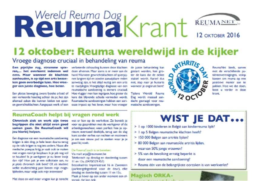 REUMANET: SENSIBILISEREN Uit het vijfjarenplan: ReumaNet wil een juiste beeldvorming realiseren rond leven met reuma door middel van publieke, promotionele acties.