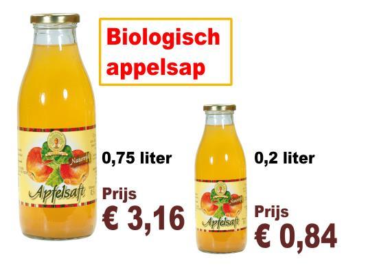 EINDOPDRACHT Gezond appelsap Deze biologische appelsap zit in grote vaten. Een bedrijf doet het sap in grote en kleine flessen. Het appelsap wordt dan aan winkels verkocht.