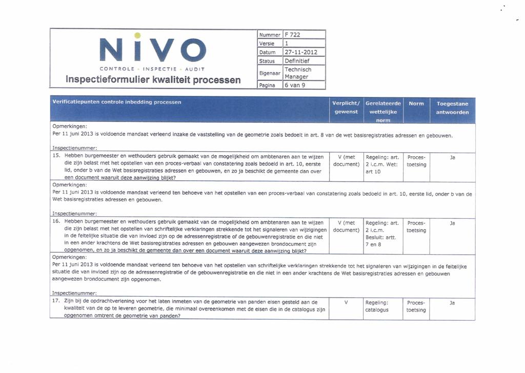 N IVO Inspectieformulier kwaliteit processen F 722 Teclinisch 6 van 9 Verificatiepunten controle inbedding processen Verplicht/ Gerelateerde Norm Toegestane gewenst wettelijke antwoorden