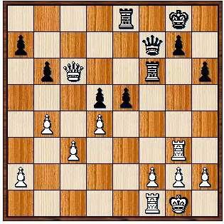 Bord 6 Piet Net toen ik zat uit te rekenen hoe ik na 34. Dc6-b5 e5xd4 35. c3xd4 Tf4 mijn verloren pion kon heroveren kwam er als een donderslag bij heldere hemel wits zet 34. Tg3xg7 schaak.