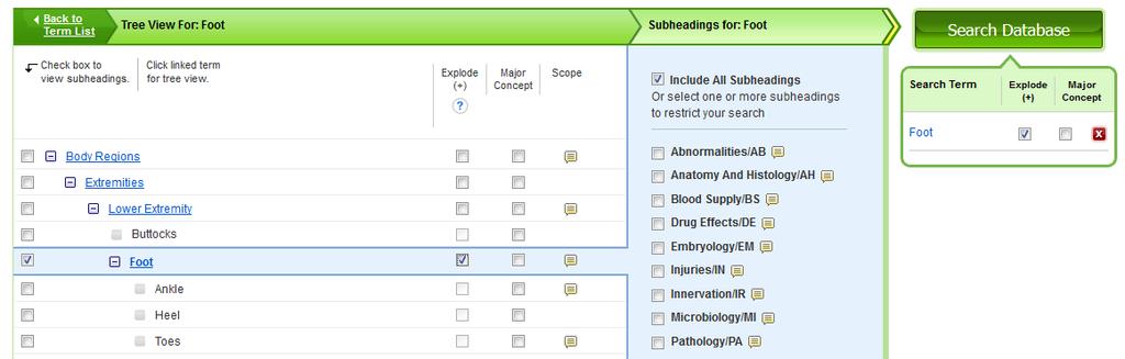 Door het vakje voor een term aan te vinken, voeg je ze toe aan je zoekactie, kies eventueel een deelonderwerp bij Subheadings en klik op Search database.