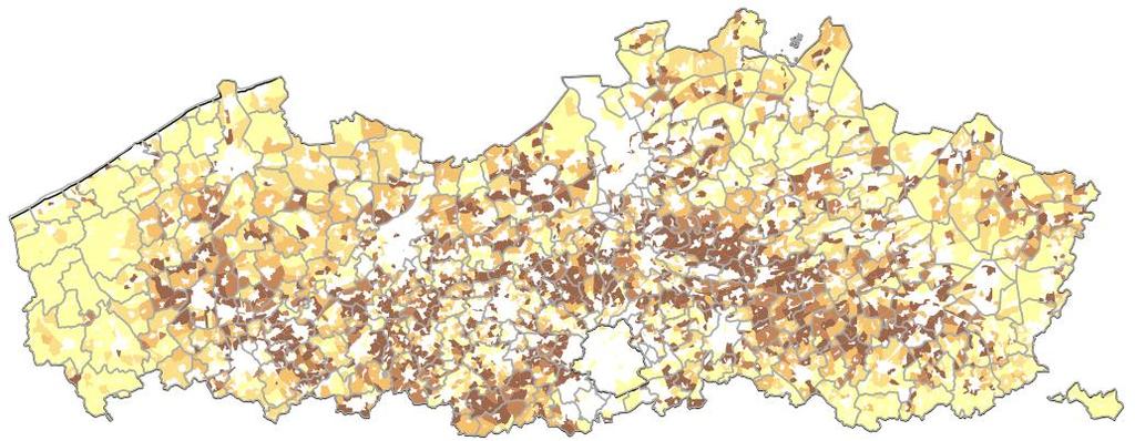 VERLINTING VLAANDEREN DICHTHEID BEBOUWINGSLINTEN Dichtheid bebouwingslinten ten opzichte van oppervlakte (statistische sector) BRONMATERIAAL Kaart: Dichtheid bebouwingslinten Vlaanderen Kaart