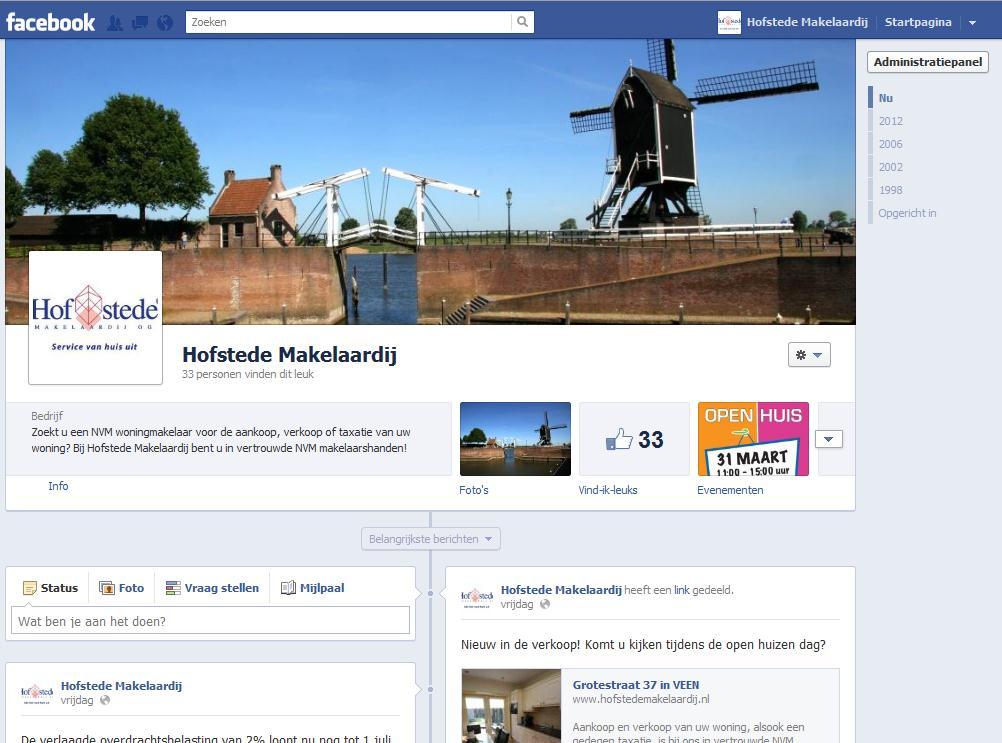 Facebook! Hofstede Makelaardij heeft een fanpage aangemaakt op Facebook. Via deze fanpage kunnen wij snel informatie verspreiden, welke nuttig kan zijn voor u als woningzoekende.