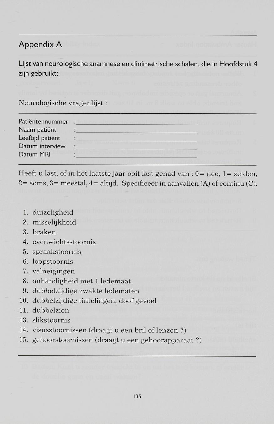 Lijst van neurologische anamnese en clinimetrische schalen, die in Hoofdstuk 4 zijn gebruikt: Neurologische vragenlijst : Patientennummer Naam patiënt Leeftijd patiënt Datum interview Datum MRI Heeft