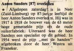 84 De schoorstenen van Sjang Geelen in vogelvlucht Overlijdensbericht van Täön Sanders in de Franeker Courant in 1978 (hoogte en bouwjaar van de schoorsteen zijn niet correct weergegeven!).