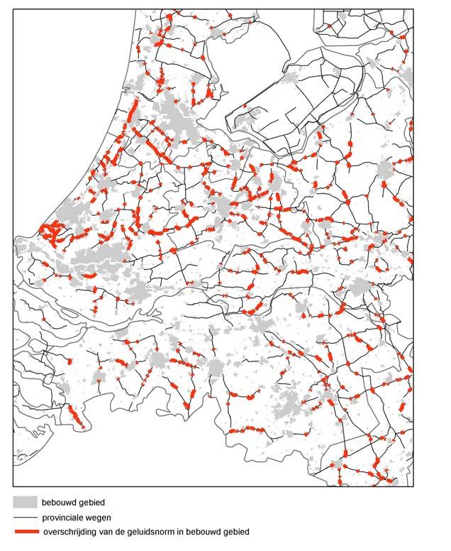 RIVM rapport 500021001 pag. 18 van 37 Figuur 3.4: Waarschijnlijke overschrijding van de geluidsnorm in bebouwd gebied langs provinciale wegen in de referentievariant in 2020.