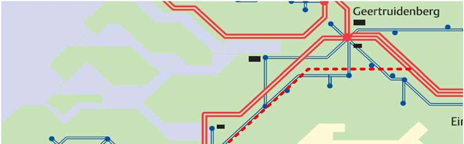 Afbeelding 4 Illustratie van positie nieuwe verbinding in het elektriciteitsnet (blauw, 150kV, rood 380kV, rode stippellijn = 380kV nieuw) Autonome ontwikkeling 380 kv hoogspanningstation Rilland In