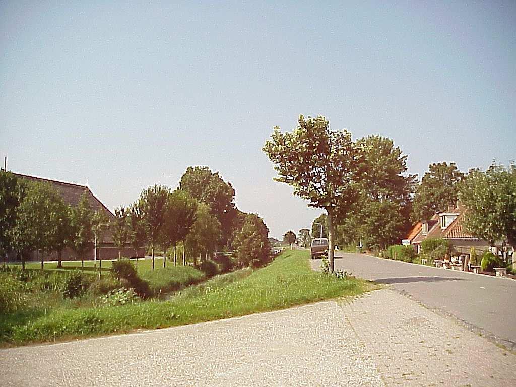 De Oude Bildtdijk, met de grote boerderijen aan de zuidkant van de dijk en de kleinere woningen aan de noordkant, bovenop de dijk.