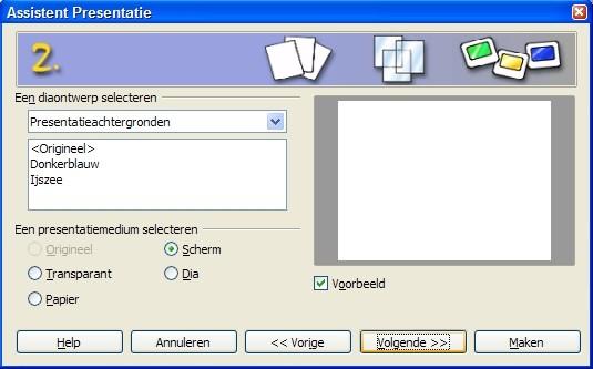 Een nieuwe presentatie maken Tip Laat Voorbeeld aangevinkt staan, dan worden sjablonen, ontwerpen en overgangen getoond in het voorbeeldvenster wanneer u ze selecteert.