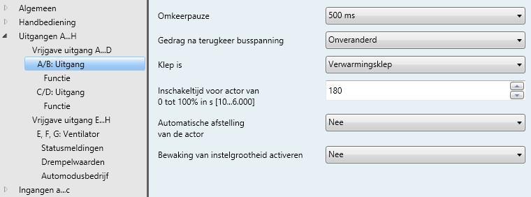 3.2.3.3 Parametervenster AB: uitgang (Actor, motorisch (3-punts)) In dit parametervenster worden alle instellingen van uitgang A/B als actor, motorisch (3-punts) gemaakt.