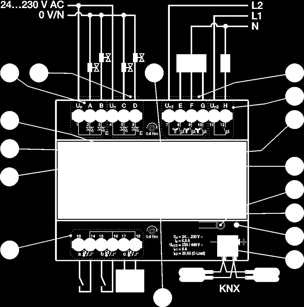 2CDC072015F0015 ABB i-bus KNX Apparaattechniek 2.2.11 Aansluitschema (thermo-elektrisch, PWM) FCA/S 1.1.2.2 1 Labelhouder 9 Uitgang H 2 Toets Programmeren 10 Toets/LED Handbediening (geel) 3 LED Programmeren (rood) 11 4 Busaansluitklem 12 5 Ingangen a, b, c 13 Toetsen/LED's klep uitgang A/B (bijv.