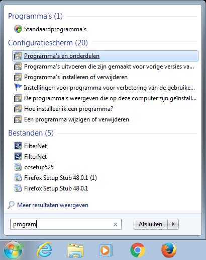 Downloaden en installeren van ISA, Veilig Online voor Windows 7 Deïnstalleer eerst uw oude virusscanner door de volgende stappen te doorlopen; Open het menu START Typ direct het woord PROGRAM