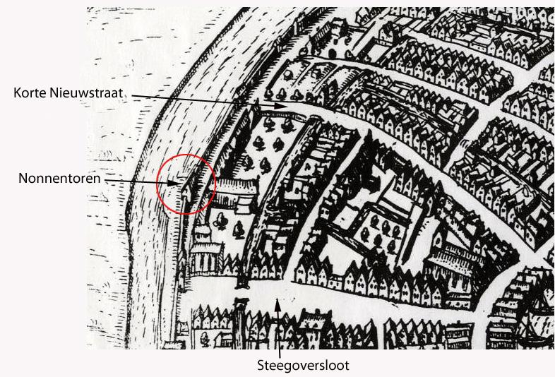 Afb. 4. De locatie van het aangetroffen deel van de stadsmuur en de Nonnentoren op een uitsnede van een kaart van Guicciardini van vóór 1613 (in rood).