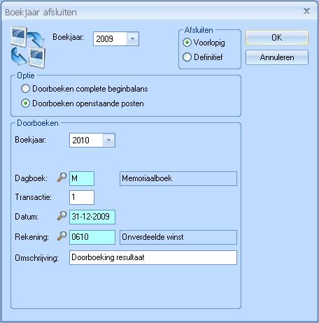 JAARAFSLUITING MET DOORBOEKEN VAN ALLEEN DE OPENSTAANDE POSTEN De werkwijze van de jaarafsluiting met doorboeken van alleen de openstaande posten, is identiek aan de jaarafsluiting met doorboeken van