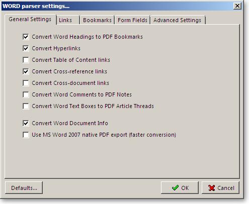Selecteer de volgende opties: - Convert Word Headings to PDF Bookmarks - Convert Hyperlinks -