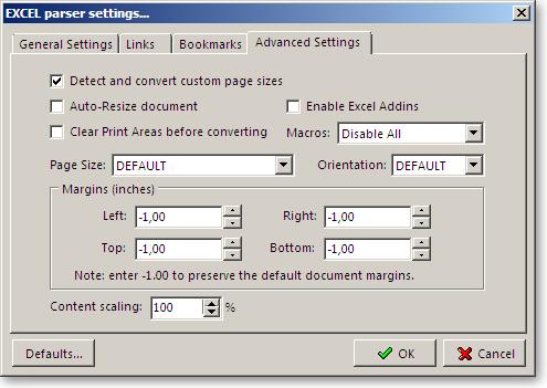 Ga naar het tabblad 'Advanced Settings' en selecteer de optie 'Detect and convert custom page sizes'. Deselecteer vervolgens 'Enable Excel Addins' en selecteer bij 'Macros' de optie 'Disable All'.