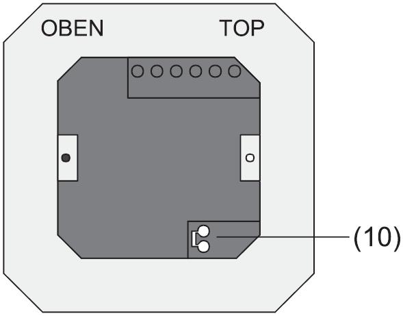 Afb. 3 Klem-element (afbeelding 2, 4) in inbouw-apparaatdoos plaatsen. Op de aanduiding OBEN / TOP letten. De busaansluiting (afbeelding 3, 10) moet rechts beneden liggen.