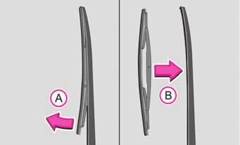 Druk de borgveer in de richting van de pijl A en druk gelijktijdig het wisserblad in de richting van de pijl AB naar de ruit. Wisserblad bevestigen Schuif het wisserblad op de wisserarm.