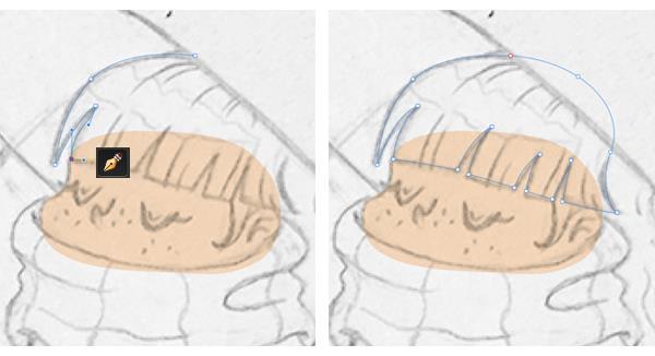 Klik en sleep om het maken van een vloeiende lijn; Klik en houd de Option-toets voor het bewerken van de positie van het knooppunt