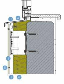 Verticale kozijnaansluiting (Onderaansluiting) Detail 2-350 1 ROCKPANEL plaat 8 mm 2 Ventilatiespouw 3 Ventilatieprofiel / ventilatieopening 4 Aluminium vensterbank met kopschot 5