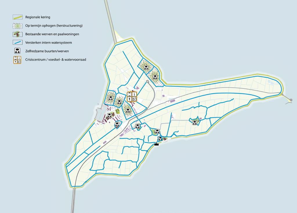Strategie 6. Waterrijk Marken, Hoog wonen Referentiebeeld hoog wonen (Halligen) In deze strategie worden op termijn alle woningen op het eiland waterrobuust gemaakt of opgehoogd.