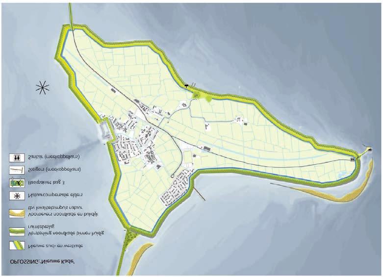 Oplossing 1: Nieuwe kade Het uitgangspunt van deze oplossing is het beperken van zetting door een nieuwe kade aan de zuid- en westzijde van het eiland aan te leggen op grondverbetering.
