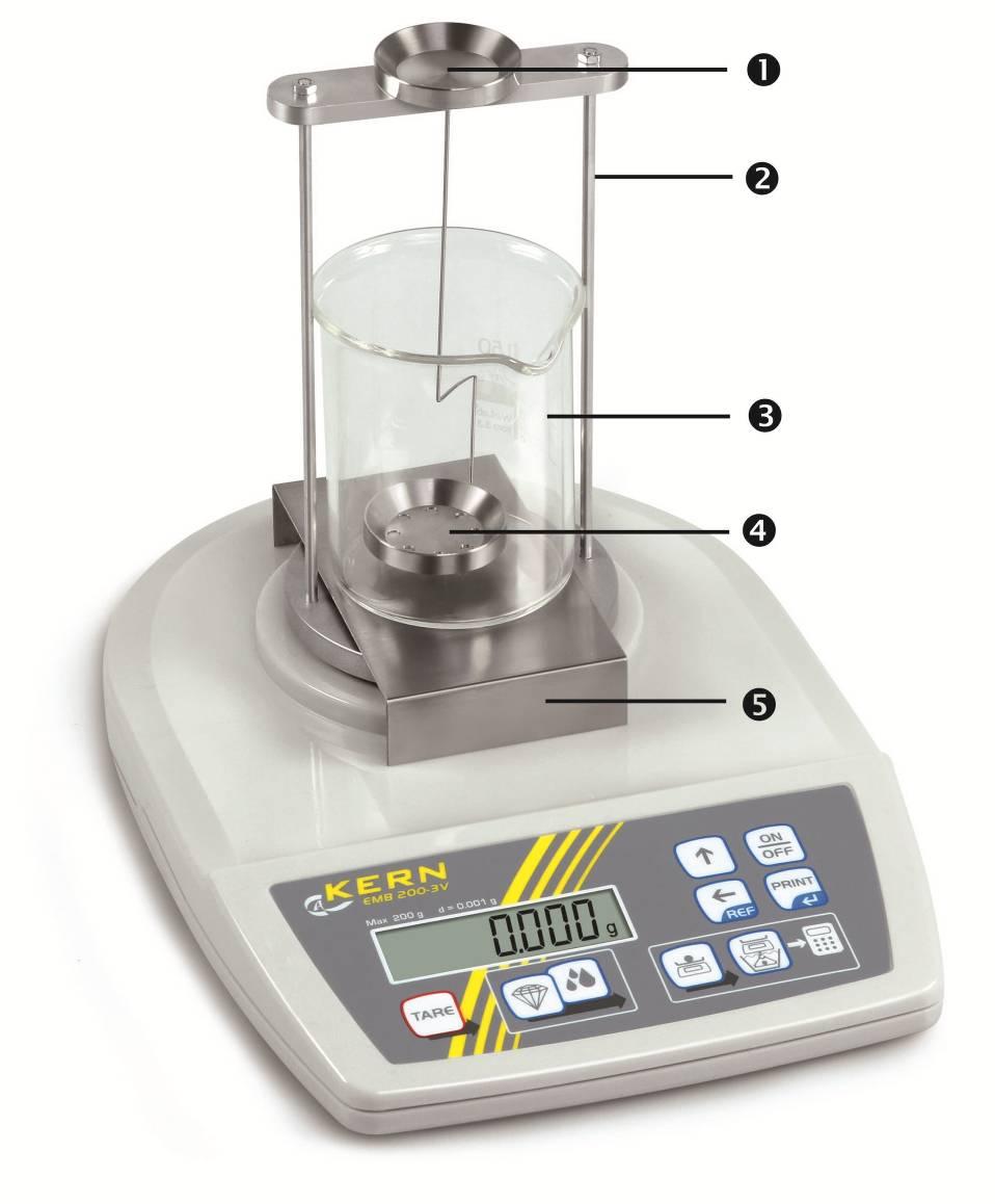 2.1 Weegschaal KERN EMB 200-3V met geïnstalleerde set voor dichtheidsbepalingen KERN YDB-01 Bovenste schaal voor monsters van de