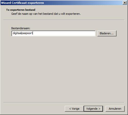 In het vakje (Bestandsnaam) tikt u een naam in zoals u het certificaat wilt opslaan zodat u het straks weer herkent bij het