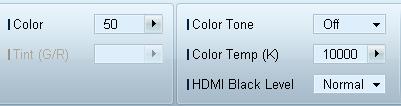 Kleur Color en Tint (G/R) zijn niet beschikbaar als de bron op PC staat. Color, Tint (G/R), Color Tone en Color Temp. zijn niet beschikbaar als PC Source en Video Source zijn geselecteerd.