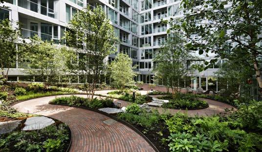 een groene binnentuin als ontmoetingsplek in het hart van het gebouw eindbeeld van integratie van beplanting in de constructie 6.
