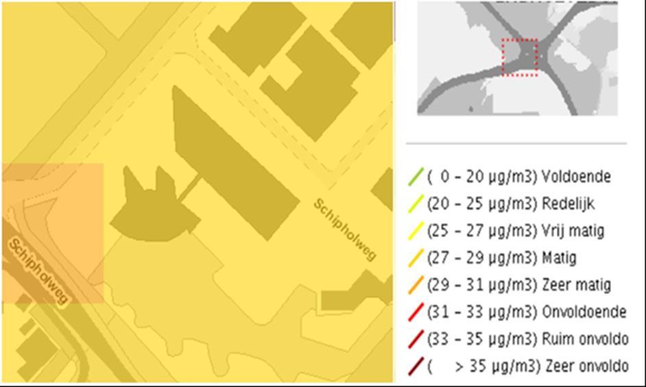 De opgave van blootstelling aan Stikstofdioxide op straatniveau behelst matig (30-35 µg/m³ aangeduid met oranje).