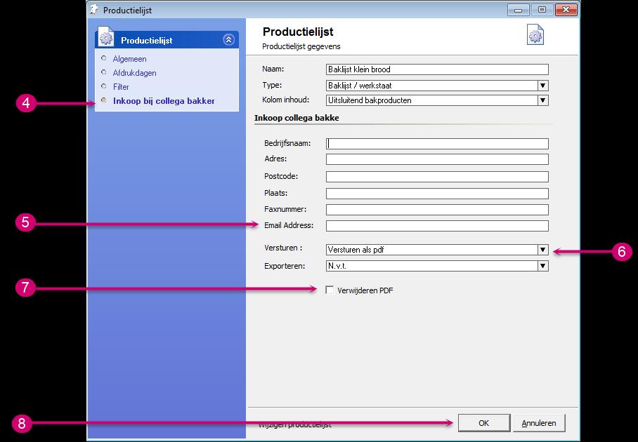 en 4. Klik op de rubriek Inkopen via collega bakker 5. In het invoervak e-mail adres dient u het e-mail adres vast te leggen waarnaar de productielijst gemaild moet worden. 6.