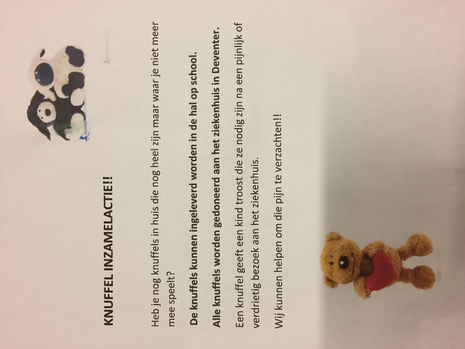 School Knuffelactie Doet u ook mee aan dit geweldige initiatief? Heeft u thuis nog knuffels die naar een nieuw adres mogen? Vanaf 5 december kunt u (oude) knuffels inleveren bij ons op school.