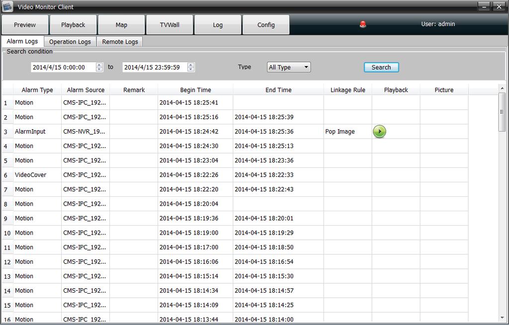 ALARM LOGBOEK Alarm logs: dit logboek kan worden opgeroepen voor de alarmmeldingen van de aangesloten apparaten in de Video Monitor Software.