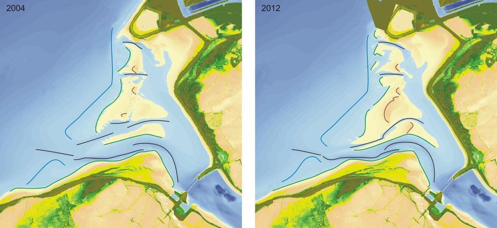 plaats in de bodemligging die te herleiden zijn tot deze ingreep 1. Vergelijking van de twee kaarten met de bodemligging in 2004 en 2012 (Figuur 49) laat zien welke veranderingen nog plaatsvinden.