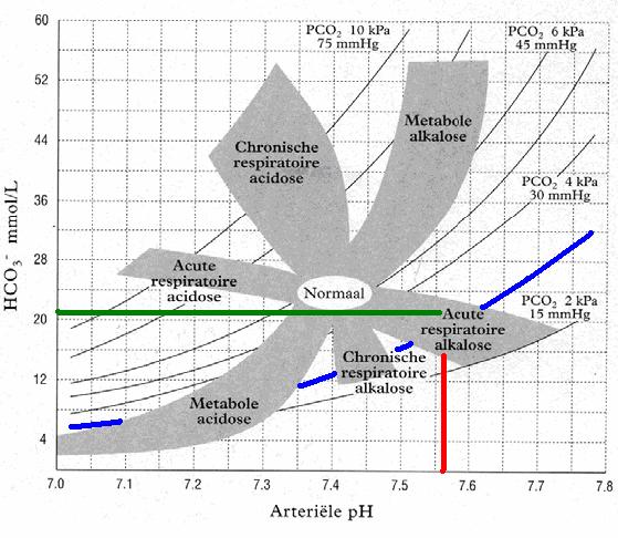 Voorbeeld Een voorbeeld met gebruikmaking van zowel het davenport diagram als de pijl codering. Een patiënt laat de volgende bloedgas zien: PH 7.