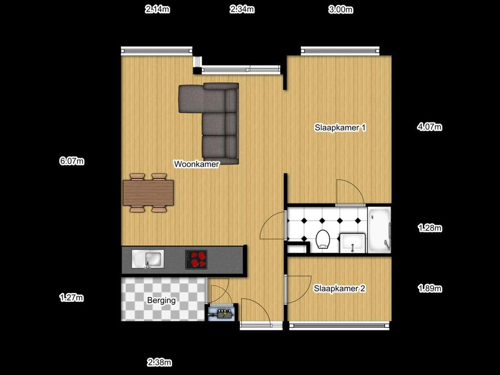 Plattegrond: Extra info: - Het appartement is goed onderhouden alsmede het gehele complex. - Het appartement is (m.u.v. de badkamer) geheel voorzien van een laminaat vloer.