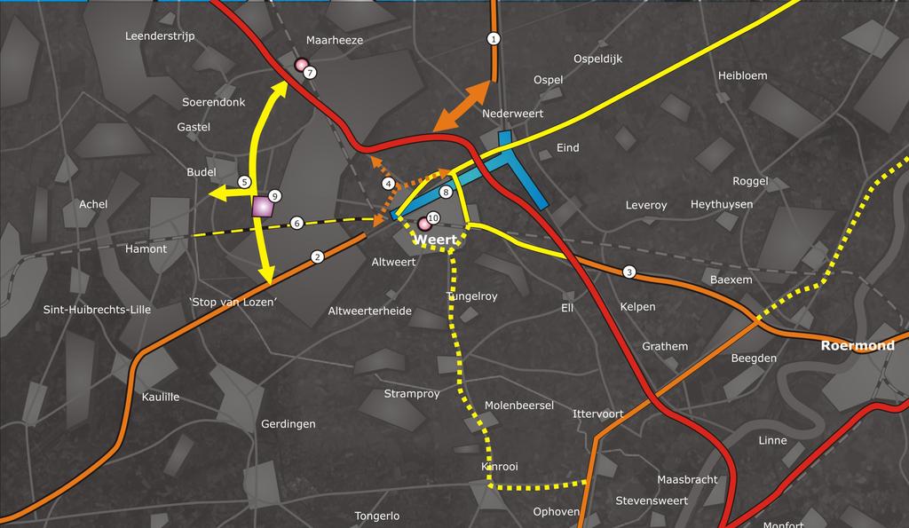 1) (Inter)regionale vervoerscorridor A2 A67/Rand weg Noord/N266 2) Interregionale vervoerscorridor N564 Weert Belgisch Limburg 3) Potenties interregionale ontwikkelingsas N280 Weert Roermond