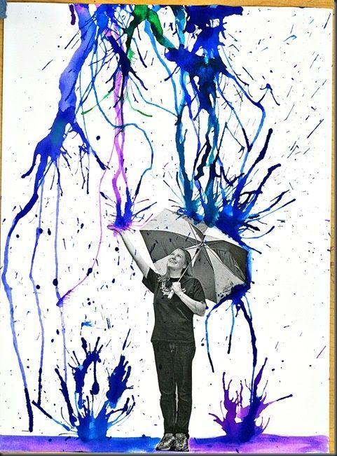 Kunstwerk in de regen Knutselactiviteit Blauwe verf Rietjes Foto van het kind met paraplu Stevige A4-bladeren Vooraf in orde te brengen door leerkracht: De leerkracht maakt een foto van de leerlingen