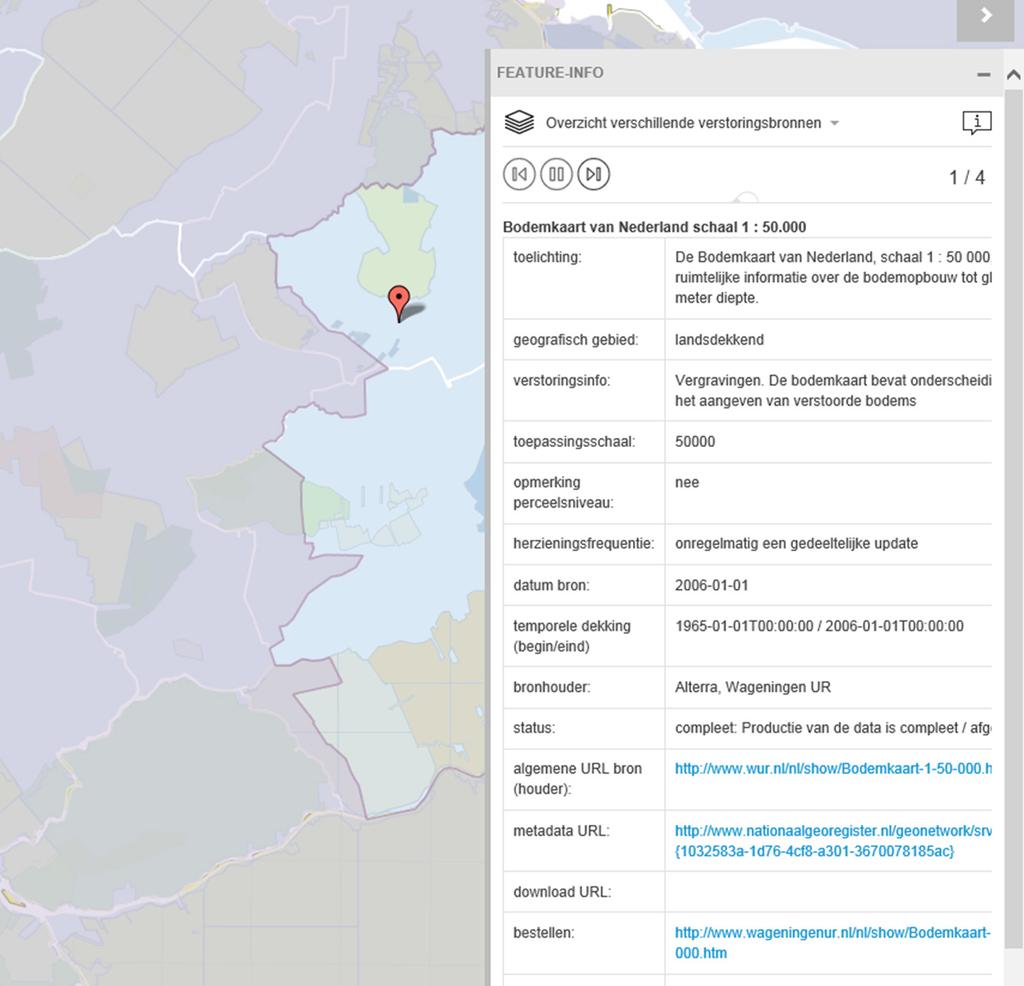 8 Vanuit het FEATURE INFO venster met detailinformatie kan ook de eerder genoemde meer algemene informatie over de bron uit het INFORMATIE venster worden opgevraagd.