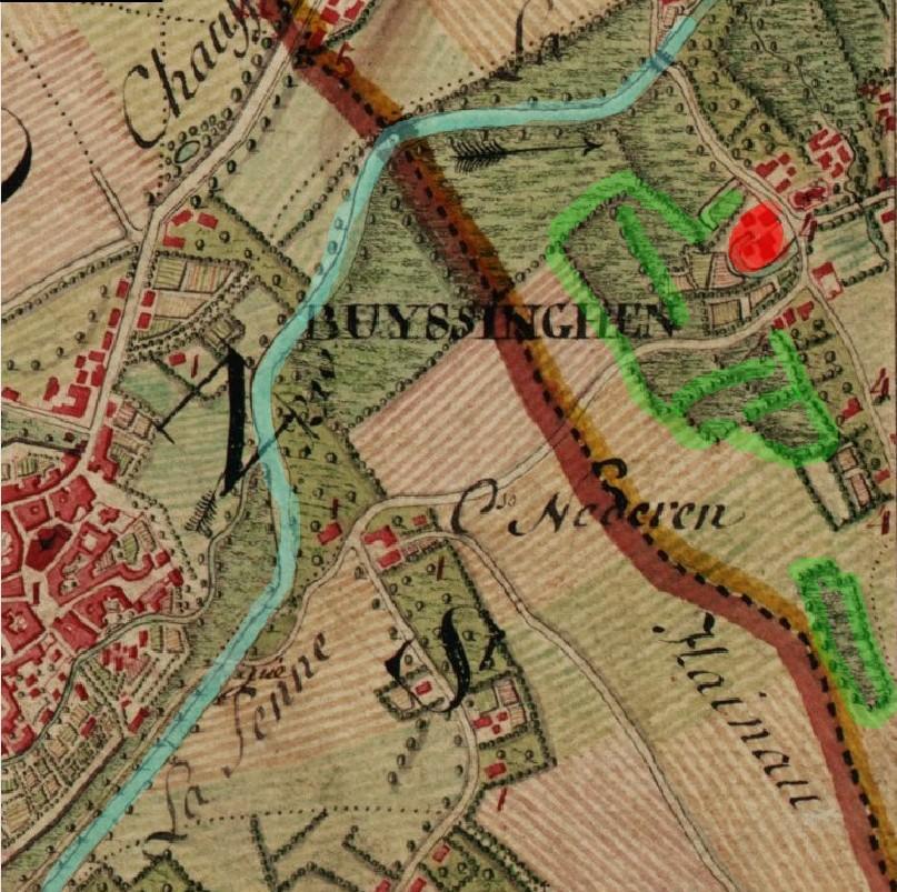Brabantse verbindingsweg Gaasbeek (kasteel) over Buizingen (donjon) naar Braine-l'Alleud (kasteel). Kaart door VAN DEN WEGHE. In: Hallensia, jrg. 33, nr 1.