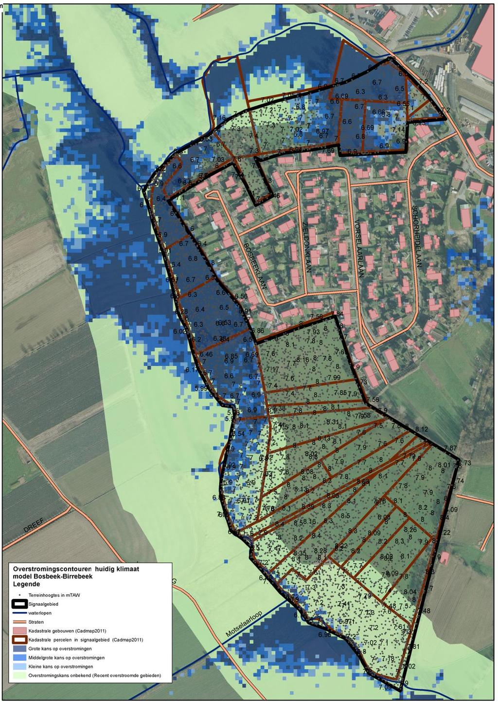 Handleiding kaart: De weergave van de kadastrale gebouwen (Cadmap 2011), kadastrale percelen (Cadmap 2011), straten en waterlopen geven een situering van het signaalgebied.