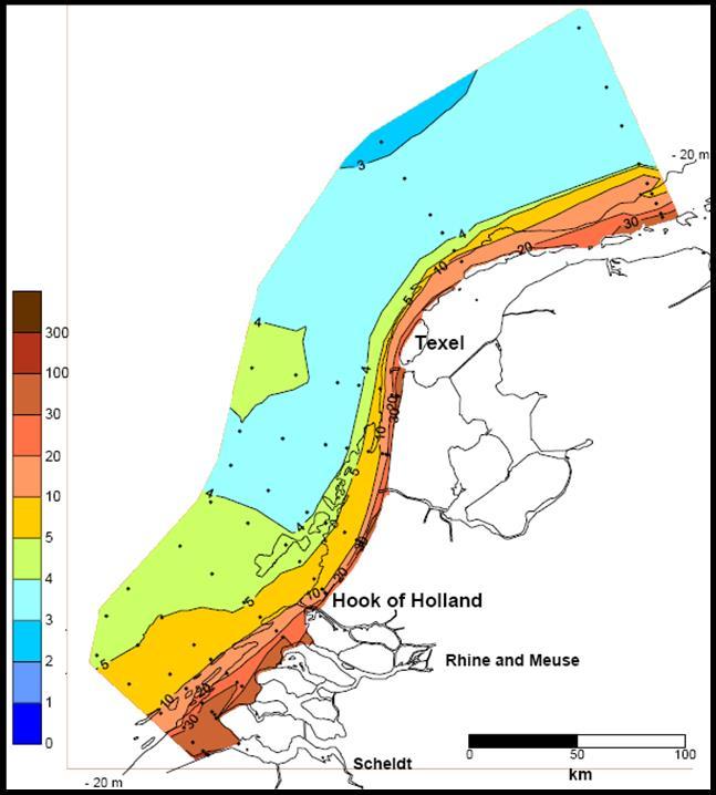 70 Figuur 5.5 Jaargemiddelde slibconcentratie langs de Nederlandse kust voor de periode 1975-1983 (Suijlen & Duin, 2002).