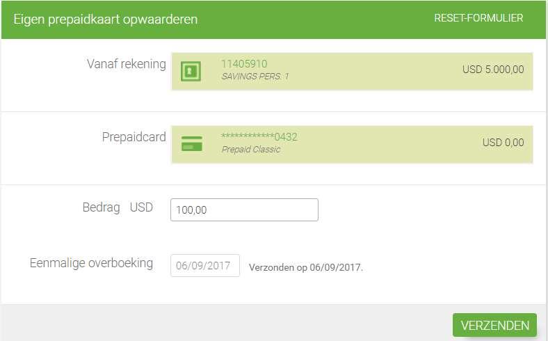 D.3 Prepaidkaart opwaarderen Deze functie biedt de mogelijkheid om uw Prepaidkaart op te waarderen. Let wel dat u uw Prepaidkaart alleen met een USD-rekening kan aanzuiveren. 1.