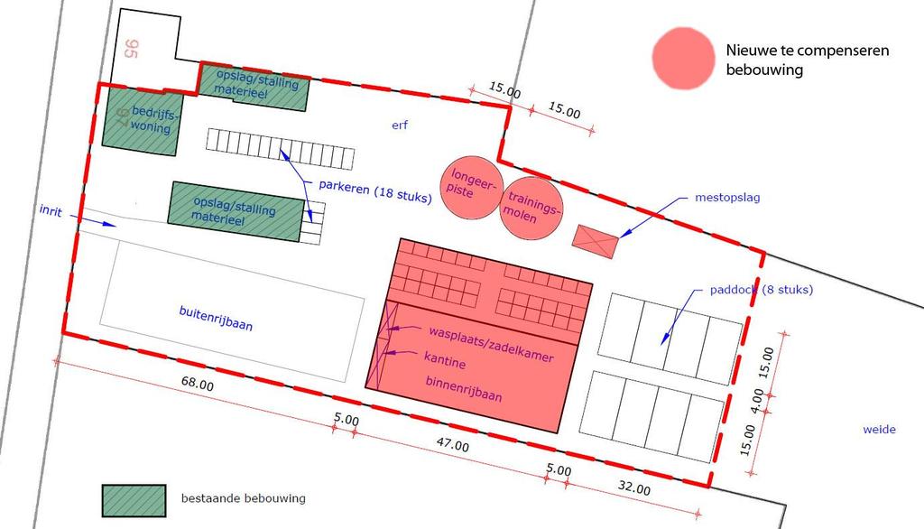 Uitsnede plangebied met aanduiding nieuwe bebouwing binnen plangebied (rood gearceerd) 4.