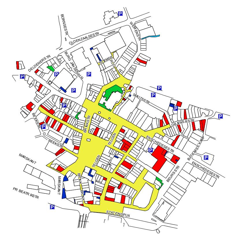 Kaart 4: Leegstand (in rood) in het centrum, Hengelo april 2011 (bron: